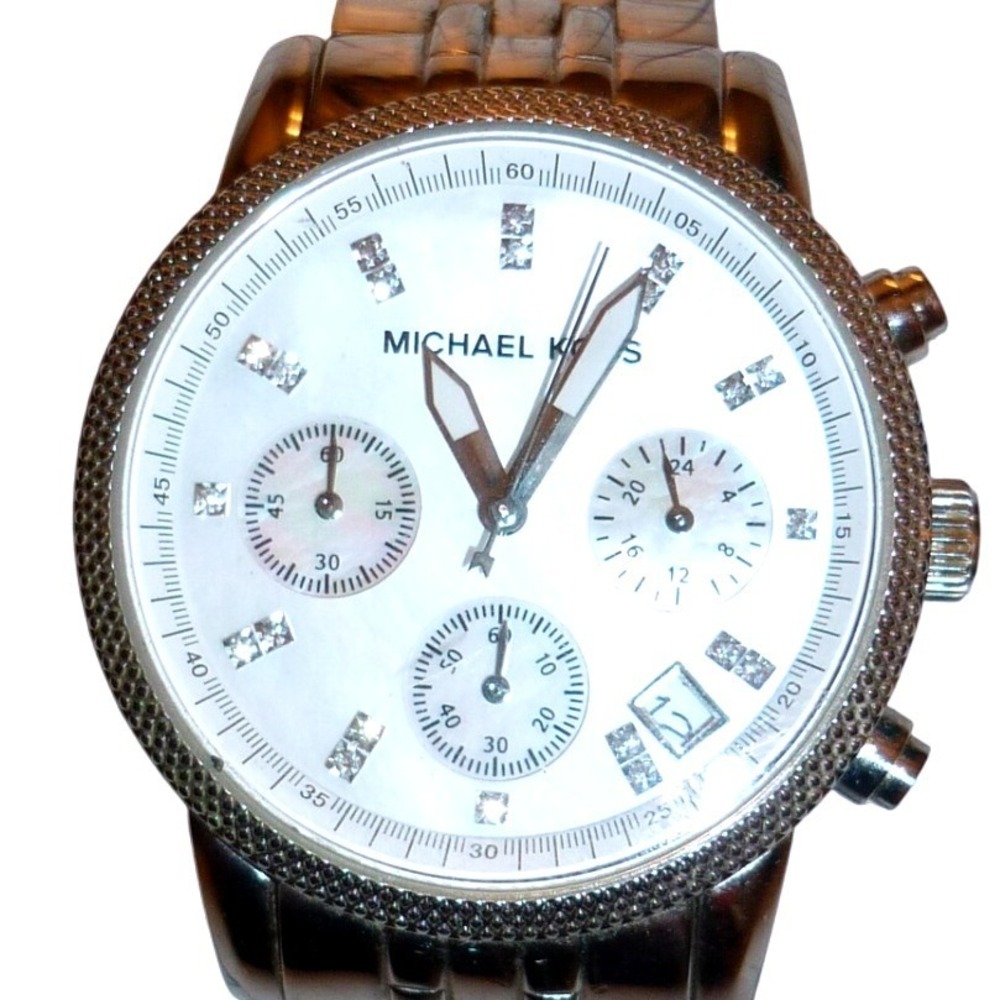 Michael Kors MK-5020 Ritz Chronograph Watch Silver MOP Dial New Battery Small Sz